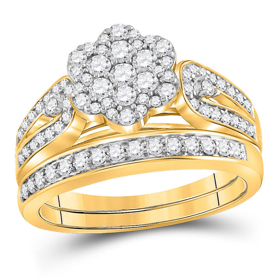 10k Yellow Gold His Hers Round Diamond Cluster Matching Wedding Set 1-1/3 Cttw