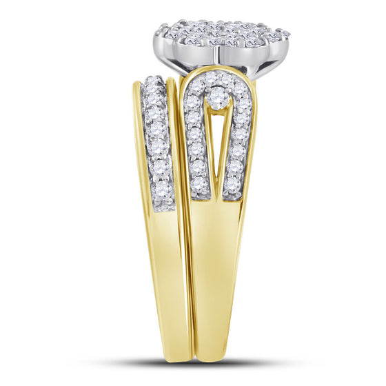 10k Yellow Gold His Hers Round Diamond Cluster Matching Wedding Set 1-1/3 Cttw