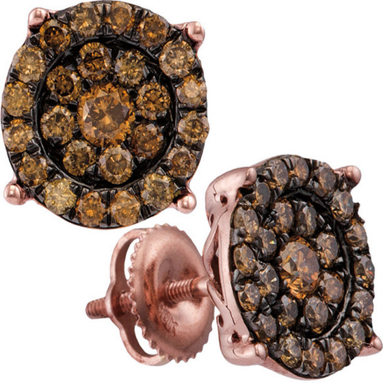 10k Rose Gold Womens Round Brown Diamond Circle Flower Cluster Earrings 1 Cttw