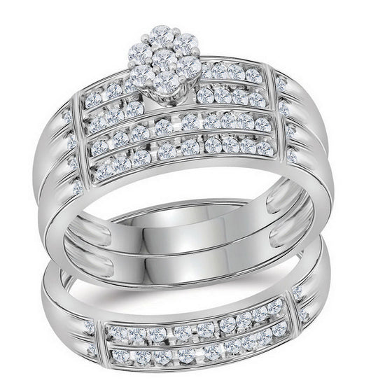 10k White Gold His Hers Round Diamond Cluster Matching Wedding Set 5/8 Cttw