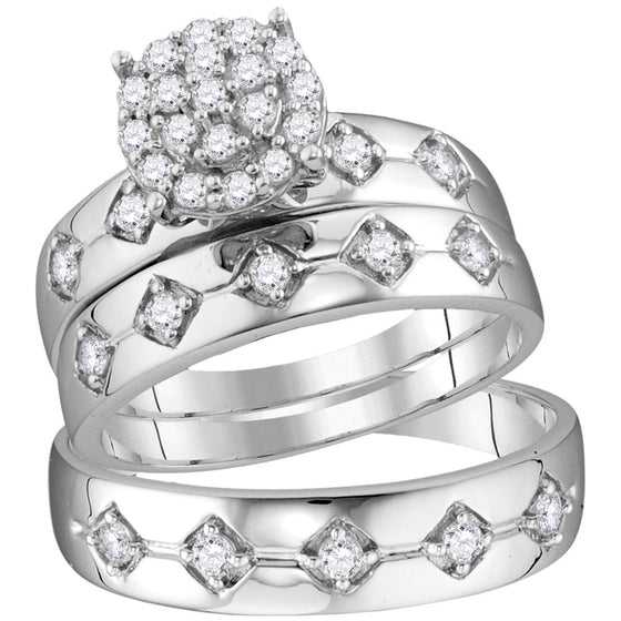 10k White Gold His Hers Round Diamond Cluster Matching Wedding Set 3/4 Cttw