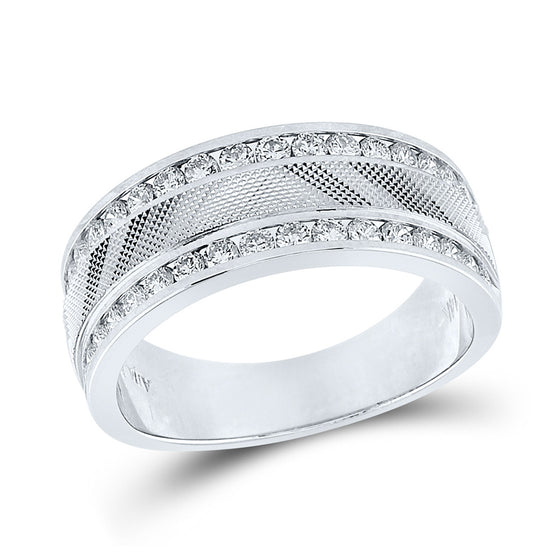 14k White Gold Mens Round Diamond Double Row Textured Wedding Band Ring 1 Cttw