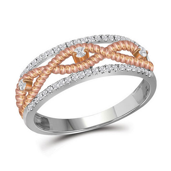 10k White Gold Womens Round Diamond Rose-tone Rope Twist Band 1/4 Cttw
