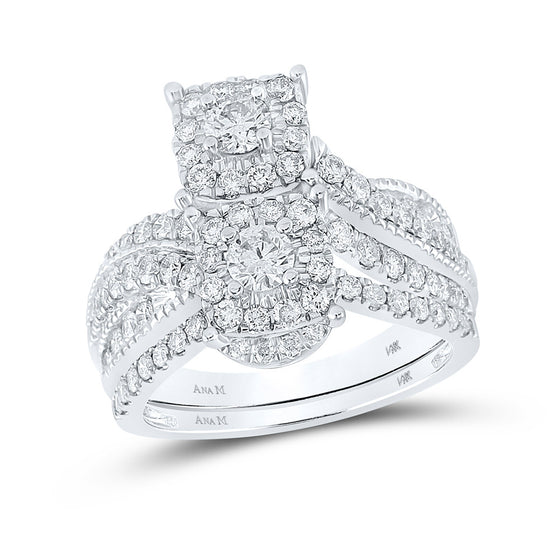 14k White Gold Round Diamond 2-Stone Bridal Wedding Ring Band Set 1-1/2 Cttw