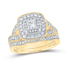 14k Yellow Gold Round Diamond Halo Bridal Wedding Ring Band Set 1 Cttw