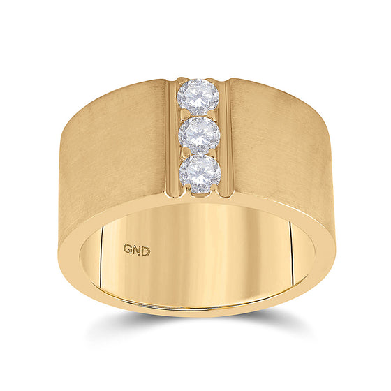 14k Yellow Gold Mens Round Diamond 3-stone Matte Wedding Band 1/2 Cttw