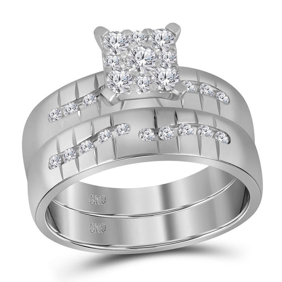 14k White Gold His Hers Round Diamond Cluster Matching Wedding Set 5/8 Cttw