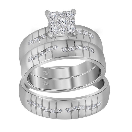 14k White Gold His Hers Round Diamond Cluster Matching Wedding Set 5/8 Cttw