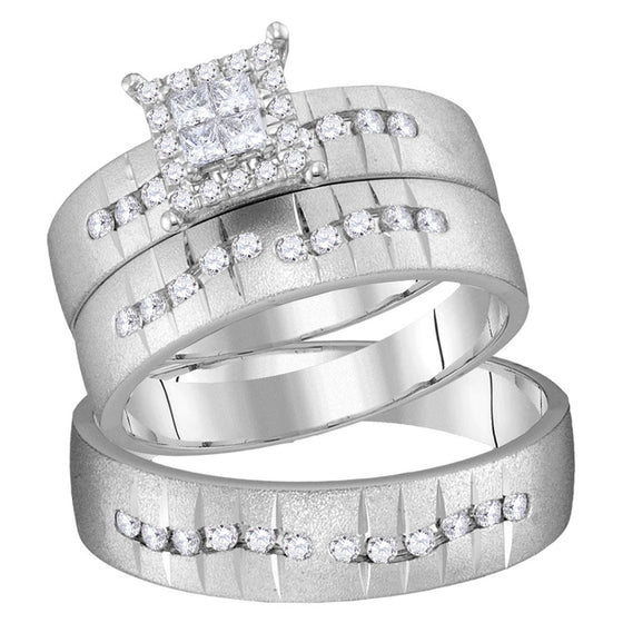 14k White Gold His Hers Princess Diamond Square Matching Wedding Set 1/2 Cttw