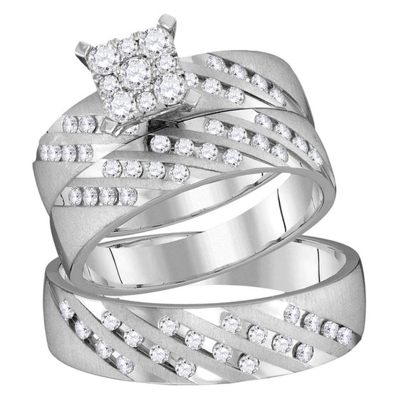 14k White Gold His Hers Round Diamond Square Matching Wedding Set 7/8 Cttw