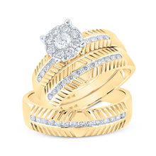  14k Yellow Gold His Hers Round Diamond Cluster Matching Wedding Set 3/4 Cttw
