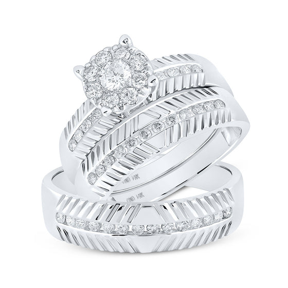 14k White Gold His Hers Round Diamond Cluster Matching Wedding Set 3/4 Cttw