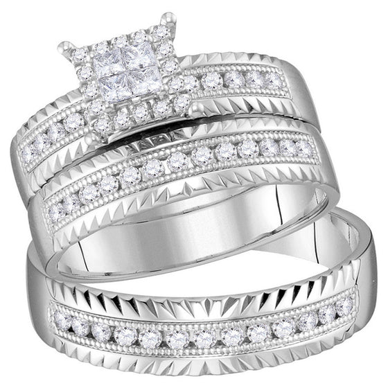 14k White Gold His Hers Princess Diamond Cluster Matching Wedding Set 1/2 Cttw