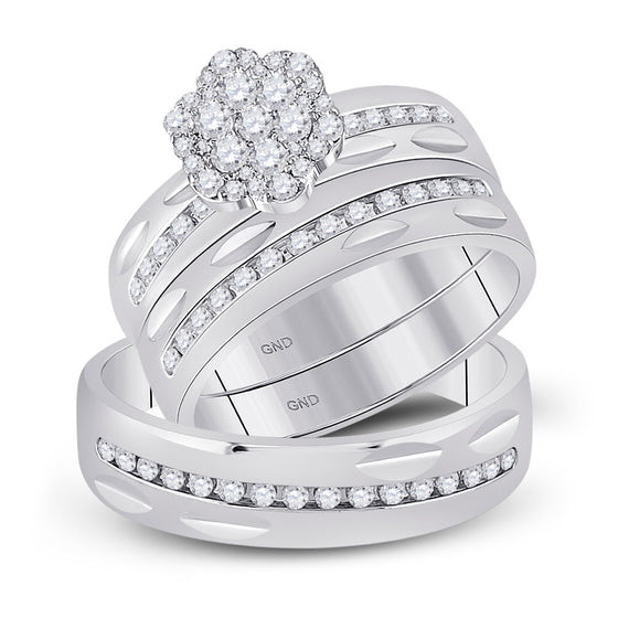 14k White Gold His Hers Round Diamond Cluster Matching Wedding Set 3/4 Cttw