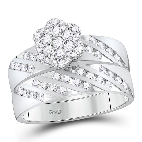14k White Gold His Hers Round Diamond Cluster Matching Wedding Set 7/8 Cttw