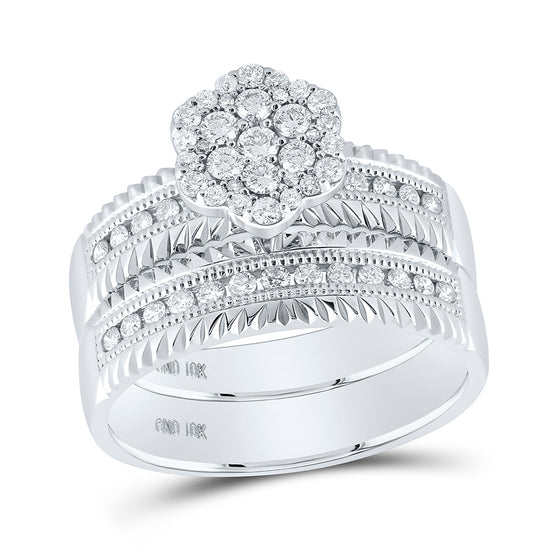 14k White Gold His Hers Round Diamond Cluster Matching Wedding Set 3/4 Cttw