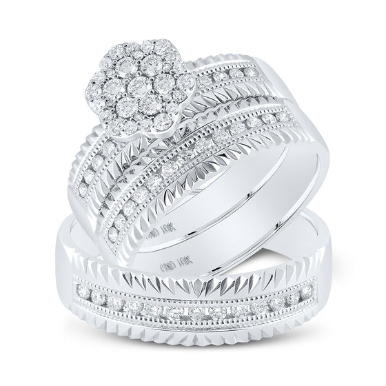 14k White Gold His Hers Round Diamond Cluster Matching Wedding Set 3/4 Cttw