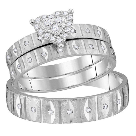 14k White Gold His Hers Round Diamond Heart Matching Wedding Set 1/4 Cttw