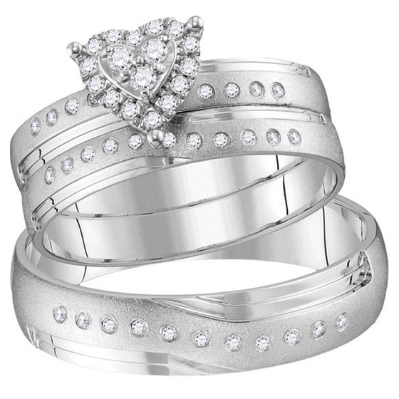 14k White Gold His Hers Round Diamond Heart Matching Wedding Set 1/4 Cttw
