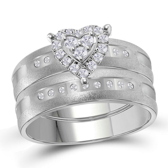 14k White Gold His Hers Round Diamond Heart Matching Wedding Set 1/4 Cttw