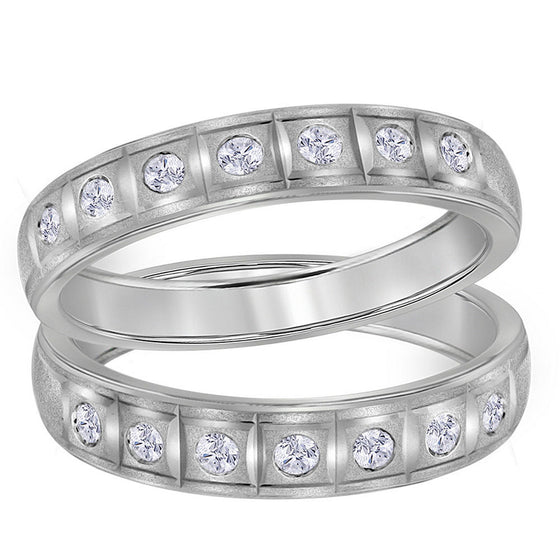 14k White Gold His Hers Round Diamond Matching Wedding Band Set 1/4 Cttw