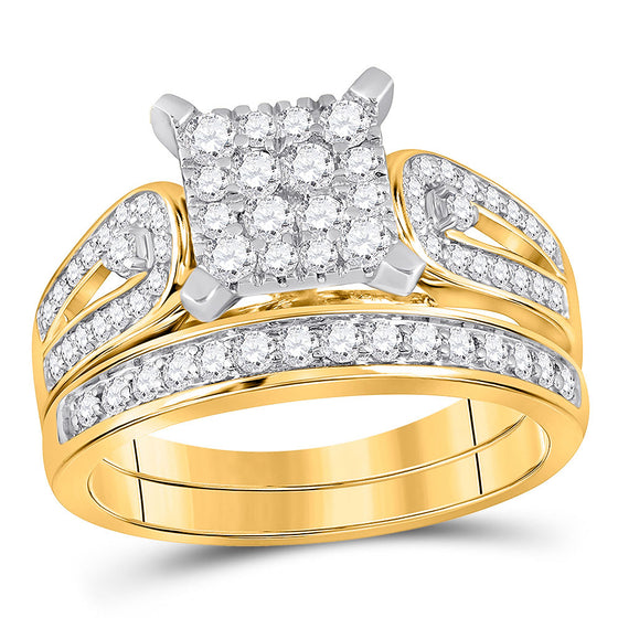 14k Yellow Gold His Hers Round Diamond Square Matching Wedding Set 1-1/5 Cttw