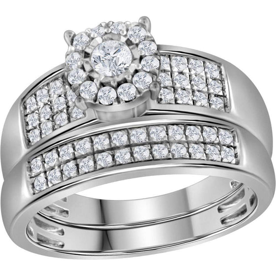 14k White Gold His Hers Round Diamond Halo Matching Wedding Set 7/8 Cttw