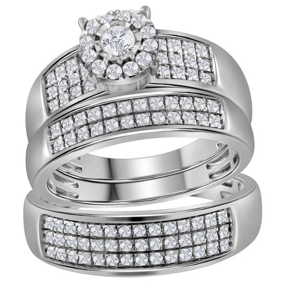 14k White Gold His Hers Round Diamond Halo Matching Wedding Set 7/8 Cttw