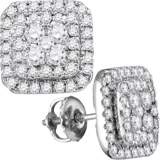 14k White Gold Womens Round Diamond Square Cluster Earrings 1 Cttw