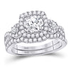 14k White Gold Round Diamond Halo Bridal Wedding Ring Band Set 1-3/4 Cttw