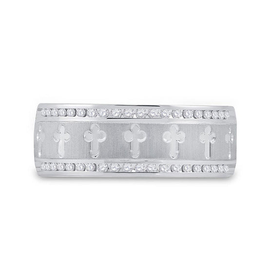 14k White Gold Mens Round Diamond Wedding Cross Band Ring 1/4 Cttw