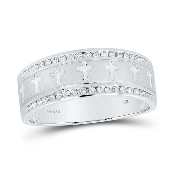14k White Gold Mens Round Diamond Wedding Cross Band Ring 1/4 Cttw