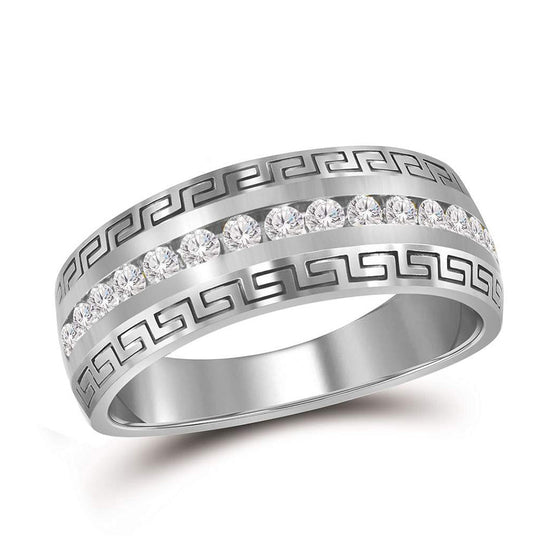 14k White Gold Mens Round Diamond Wedding Greek Key Band Ring 1 Cttw