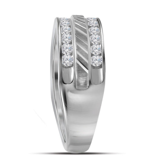 14k White Gold Mens Round Channel-set Diamond Double Row Grecco Wedding Band Ring 1 Cttw