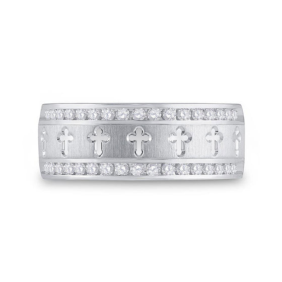 14k White Gold Mens Round Diamond Wedding Cross Band Ring 1/2 Cttw