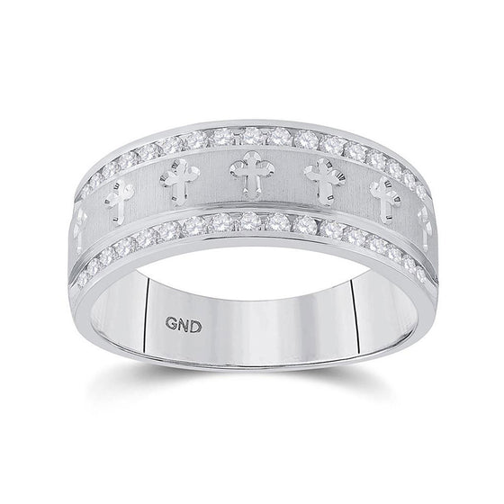 14k White Gold Mens Round Diamond Wedding Cross Band Ring 1/2 Cttw