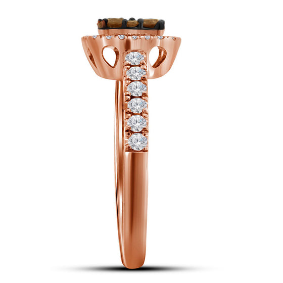 10k Rose Gold Womens Round Brown Diamond Square Cluster Ring 3/4 Cttw