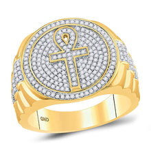  10k Yellow Gold Mens Round Diamond Ankh Cross Cluster Ring 3/4 Cttw