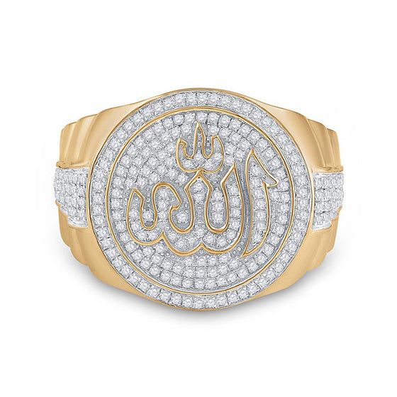 10k Yellow Gold Mens Round Diamond Allah Islam Circle Ring 3/4 Cttw