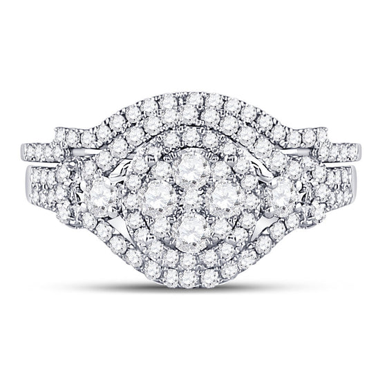 14k White Gold Round Diamond Cluster Bridal Wedding Ring Band Set 1 Cttw