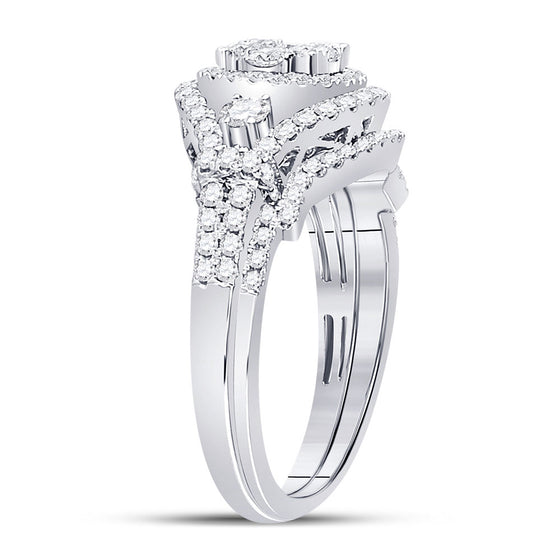 14k White Gold Round Diamond Cluster Bridal Wedding Ring Band Set 1 Cttw