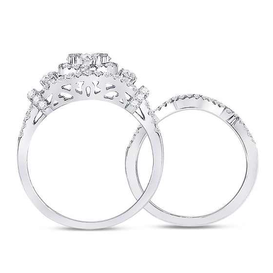 14k White Gold Round Diamond Cluster Bridal Wedding Ring Band Set 1 Cttw