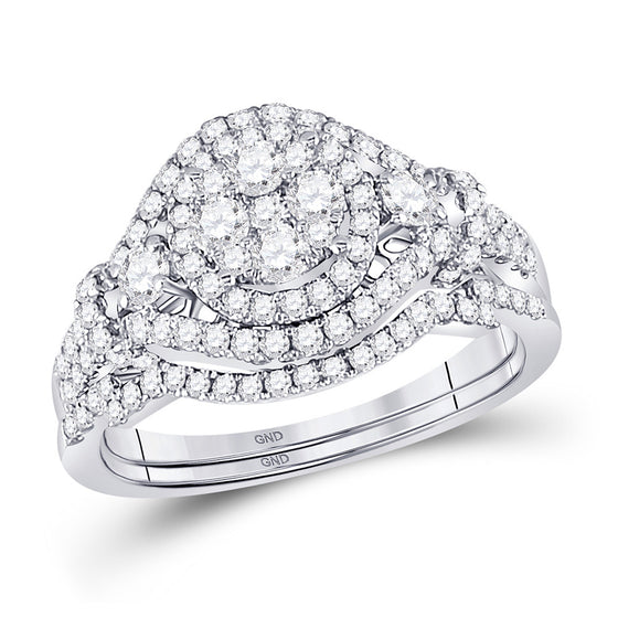 14k White Gold Round Diamond Cluster Bridal Wedding Ring Band Set 1 Cttw