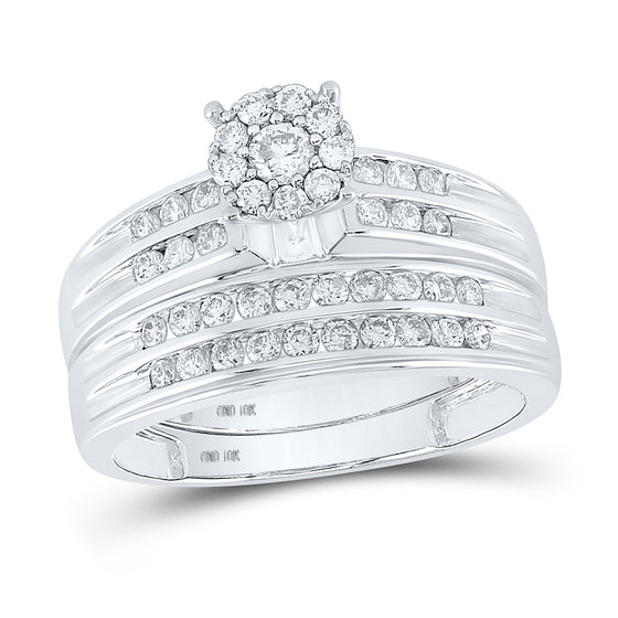 10k White Gold His Hers Round Diamond Cluster Matching Wedding Set 1-1/5 Cttw