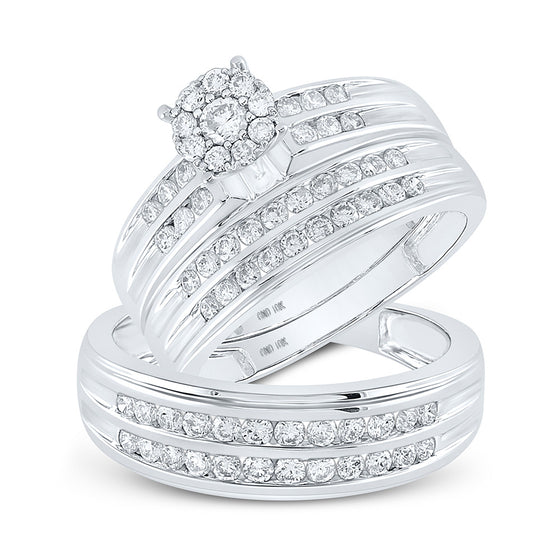 10k White Gold His Hers Round Diamond Cluster Matching Wedding Set 1-1/5 Cttw