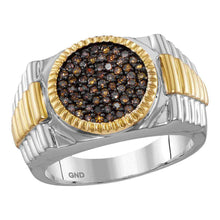  10k Two-tone Gold Mens Round Brown Diamond Ribbed Circle Cluster Ring 1/2 Cttw