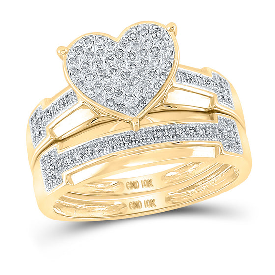 10k Yellow Gold His Hers Round Diamond Heart Matching Wedding Set 1/2 Cttw