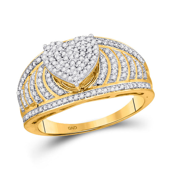 10k Yellow Gold Womens Round Diamond Heart Cluster Ring 1/2 Cttw