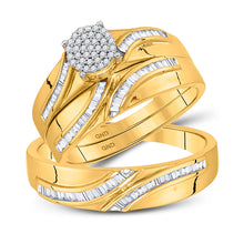  10k Yellow Gold His Hers Round Diamond Cluster Matching Wedding Set 3/8 Cttw
