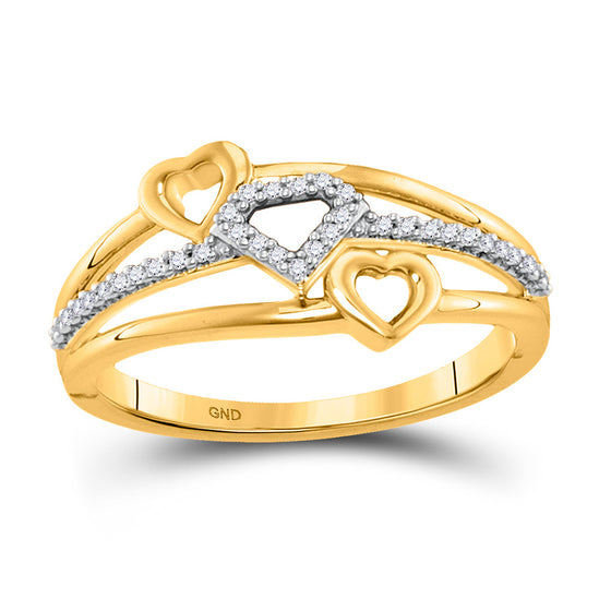 10k Yellow Gold Womens Round Diamond Double Heart Striped Band Ring 1/10 Cttw
